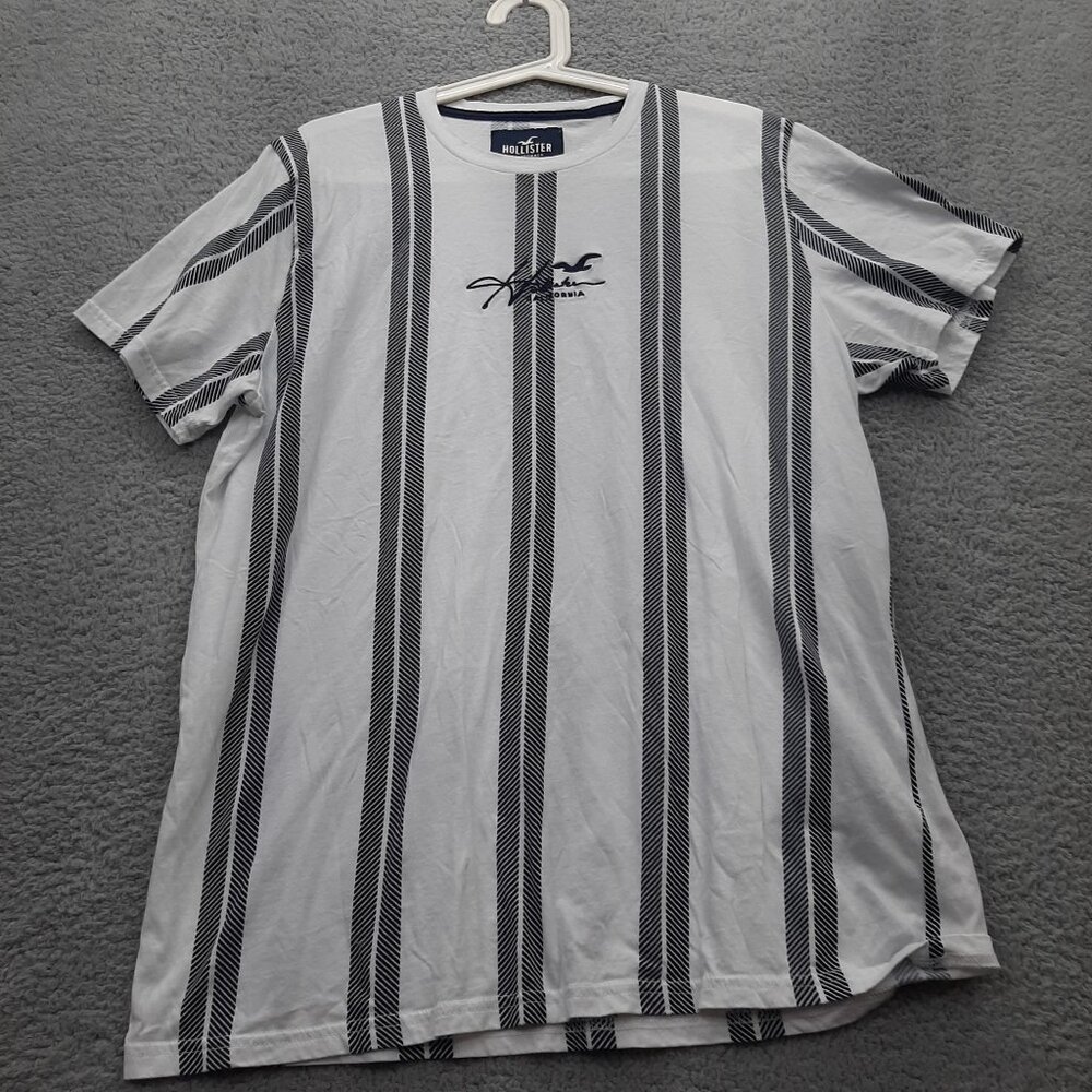 Hollister Mens White Navy Striped T-Shirt 100% Cotton Crew Neck XL